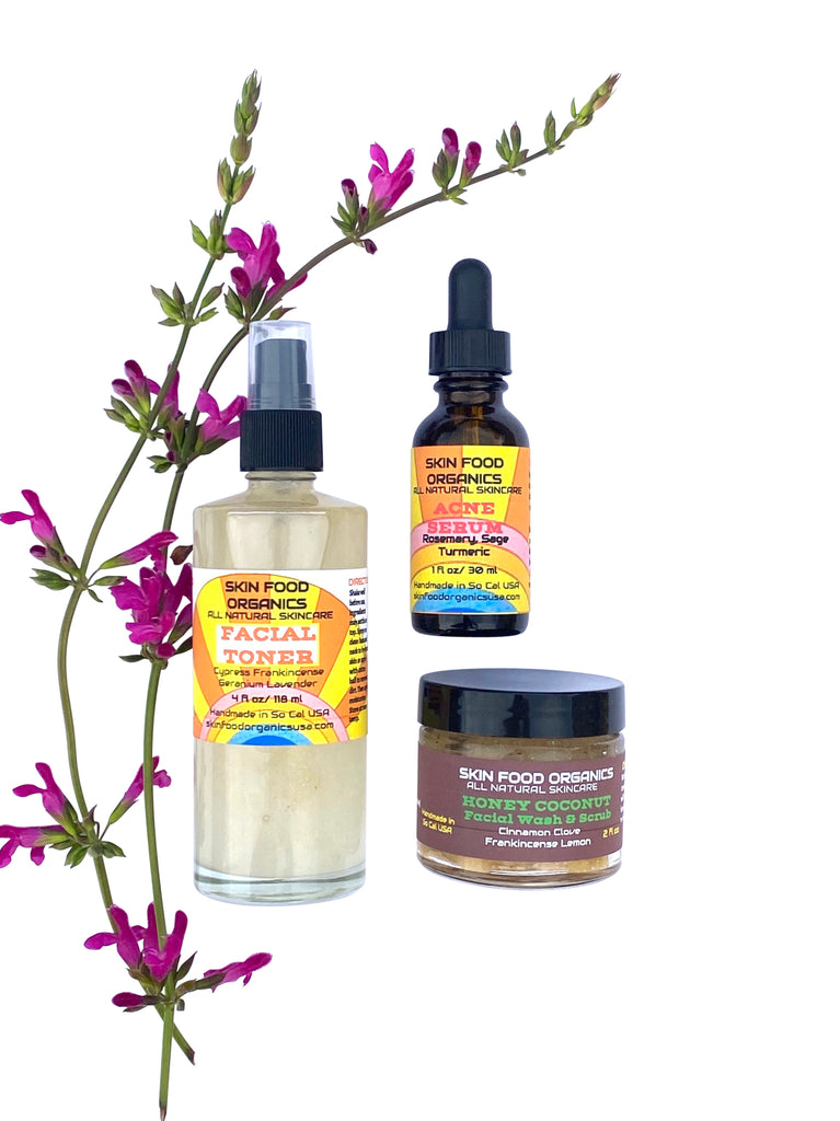 Skin Food Organics USA Acne Trio.  Acne Serum with Rosemary, Sage & Turmeric, Facial Toner with Cypress Geranium Lavender Frankincense and Honey Coconut Facial Wash & Scrub with Frankincense & Cinnamon. Leaves your skin cleansed, refreshed, moisturized and protected against acne flair ups
